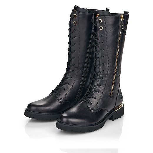 Schwarze Stiefel leicht wärmend aus Glattleder mit Reißverschluss und Schnürung und Wechselfußbett. Schuhe seitlich schräg. 