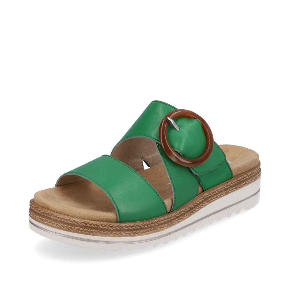 Emerald green remonte women´s mules D0Q51-52 with a hook and loop fastener. Shoe laterally.