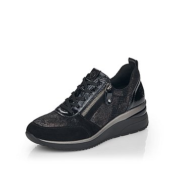 Schwarze Halbschuhe aus Veloursleder und Stretchmaterial mit Reißverschluss und Schnürung und Wechselfußbett. Schuh seitlich schräg.