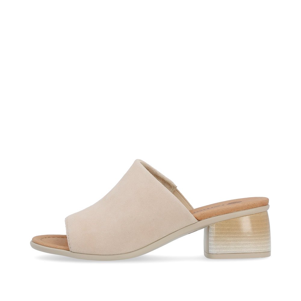 Clay beige remonte women´s mules R8752-60 with cushioning sole with block heel. Outside of the shoe.