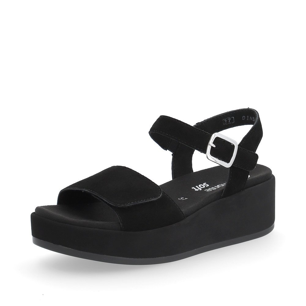Night black remonte women´s strap sandals D1N50-00 with a hook and loop fastener. Shoe laterally.