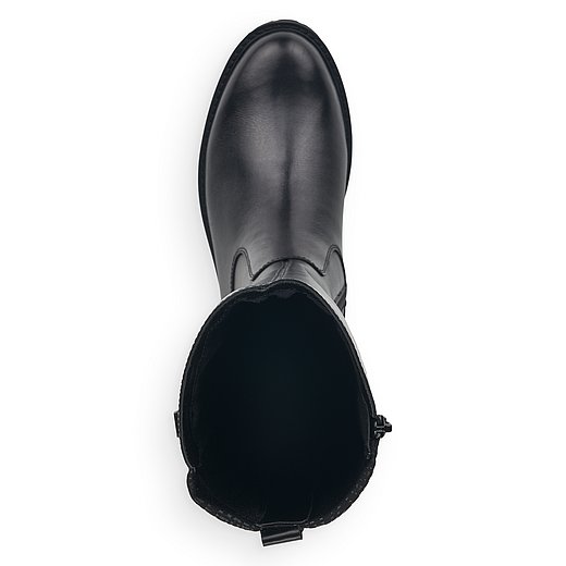 Schwarze Stiefel leicht wärmend aus Glattleder mit Reißverschluss, wasserabweisendem Remonte TEX, Stretch-Einsatz im Wadenbereich und Wechselfußbett. Schuh von oben. 