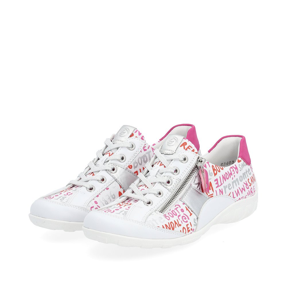 White remonte women´s lace-up shoes R3403-81 with zipper and multicolored pattern. Shoes laterally.