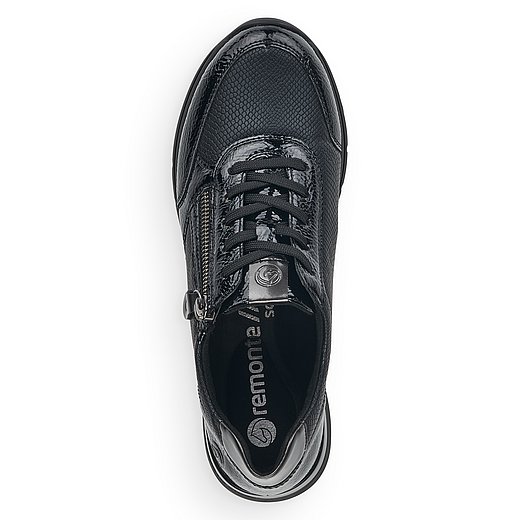 Schwarze Halbschuhe aus Lederimitat mit Reißverschluss und Schnürung und Wechselfußbett. Schuh von oben. 