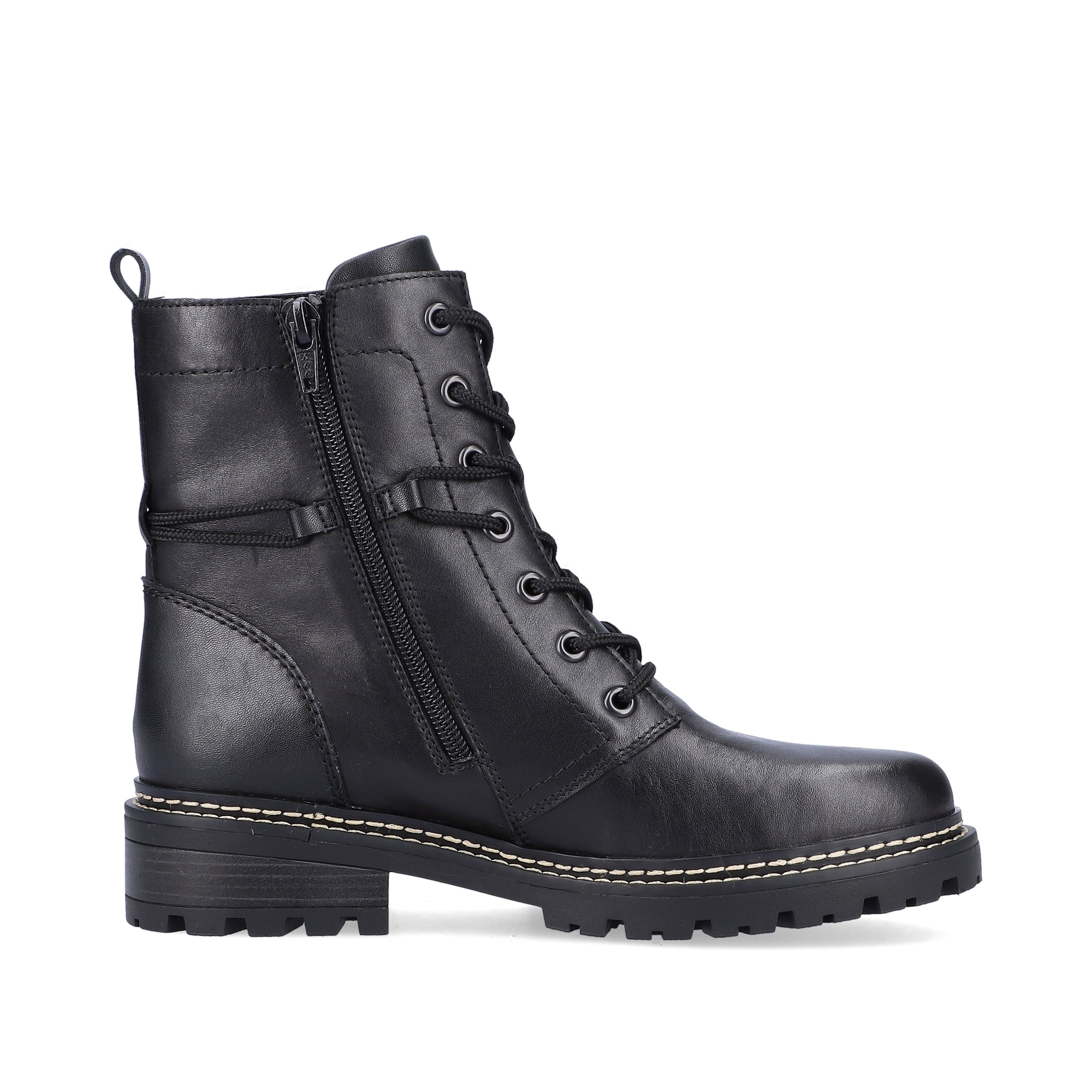 Night black remonte women´s biker boots D0B75-01 with cushioning profile sole. Shoe inside