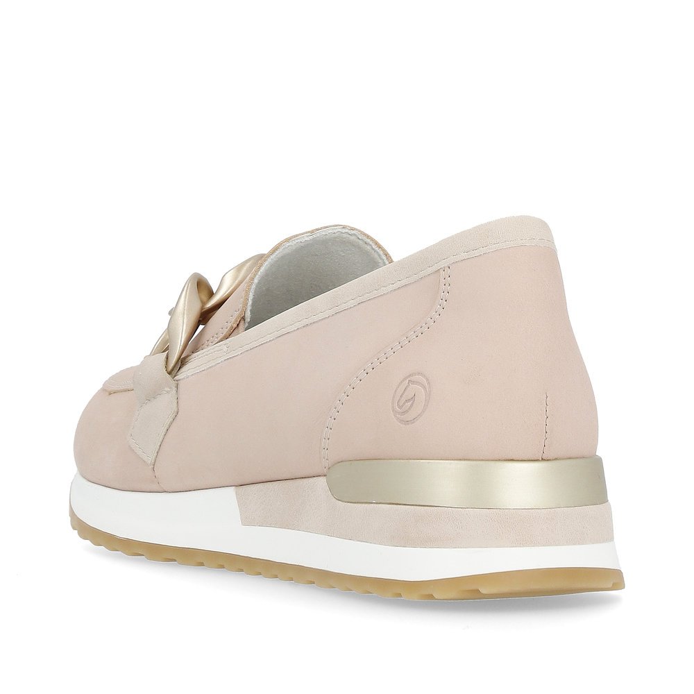 Beige pink remonte women´s loafers R2544-31 with golden chain. Shoe from the back.