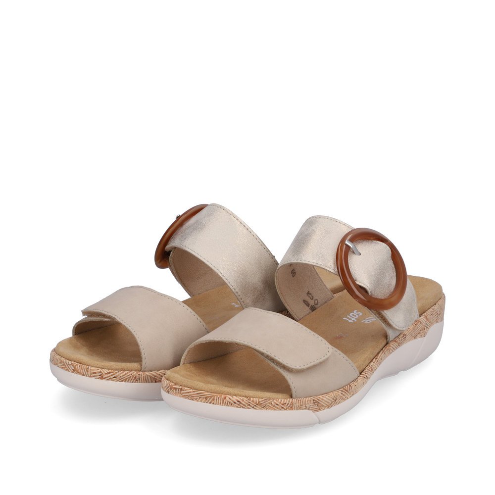 Champagne-colored remonte women´s mules R6858-60 with a hook and loop fastener. Shoes laterally.