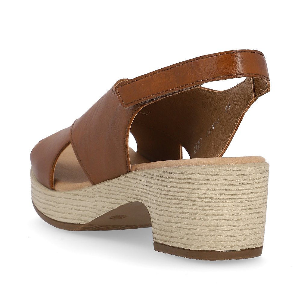 Chocolate brown remonte women´s strap sandals D0N54-24 with hook and loop fastener. Shoe from the back.