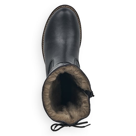 Schwarze Stiefeletten warm gefüttert aus Glattleder mit Reißverschluss, wasserabweisendem Remonte TEX und Wechselfußbett. Schuh von oben. 