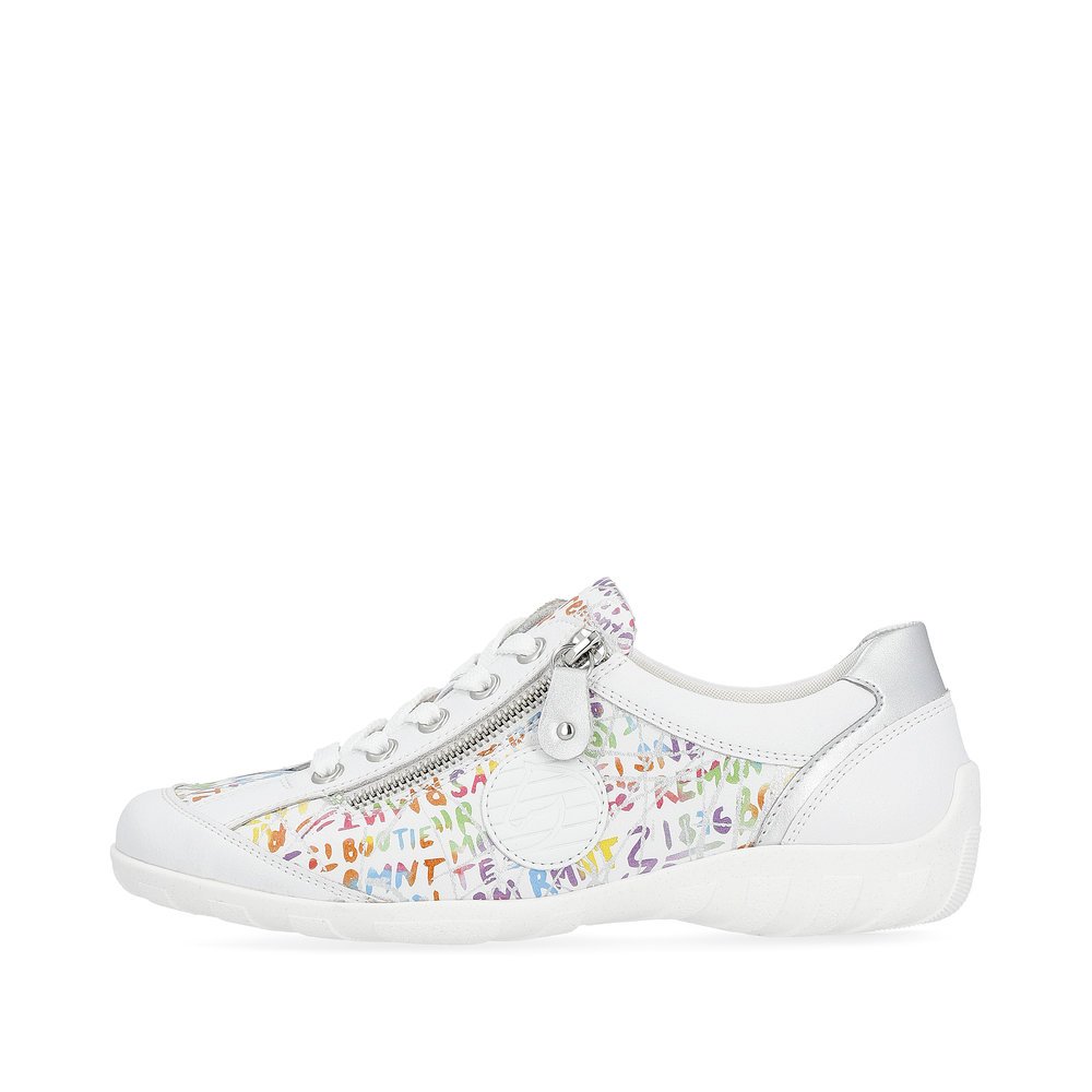White remonte women´s lace-up shoes R3408-81 with a zipper and multicolored pattern. Outside of the shoe.
