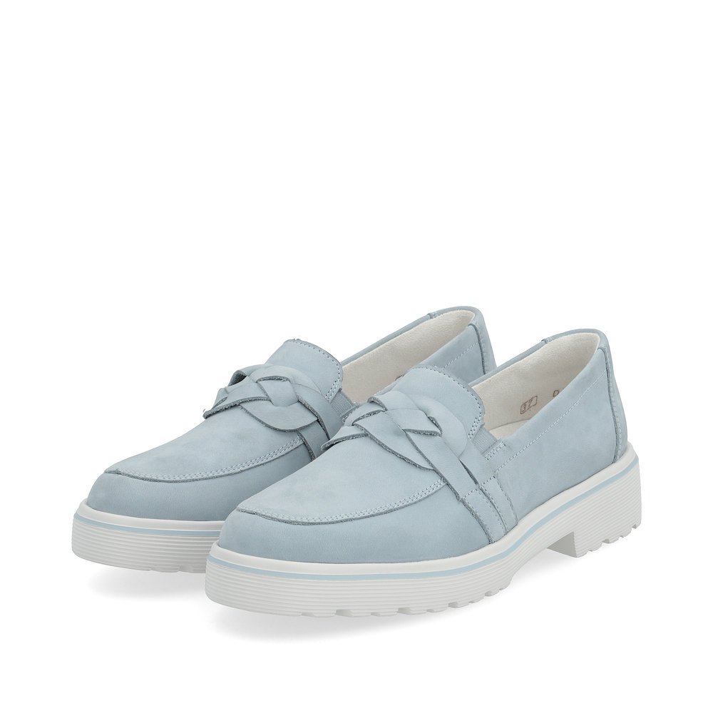 Blue remonte women´s loafers D1H01-12 with elastic insert and braided strap. Shoes laterally.