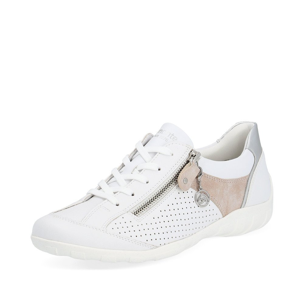Pure white remonte women´s lace-up shoes R3411-81 with a zipper and comfort width G. Shoe laterally.