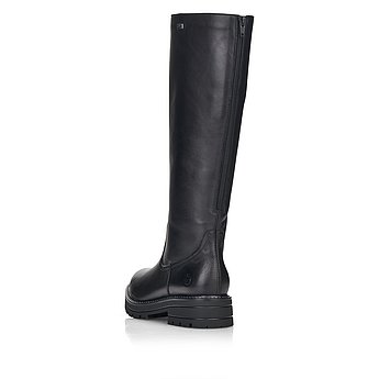 Schwarze Stiefel warm gefüttert aus Glattleder mit Reißverschluss, wasserabweisendem Remonte TEX und Wechselfußbett. Schuh von hinten.