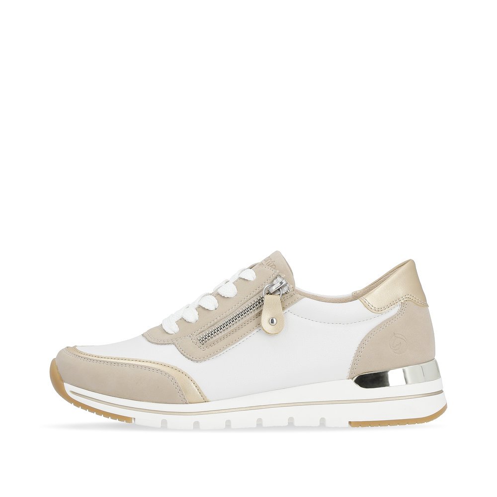 White vegan remonte women´s sneakers R6709-80 with a zipper and comfort width G. Outside of the shoe.