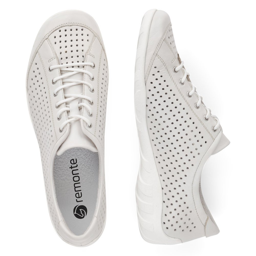 White remonte women´s lace-up shoes R3401-80 with perforated look. Shoe from the top, lying.