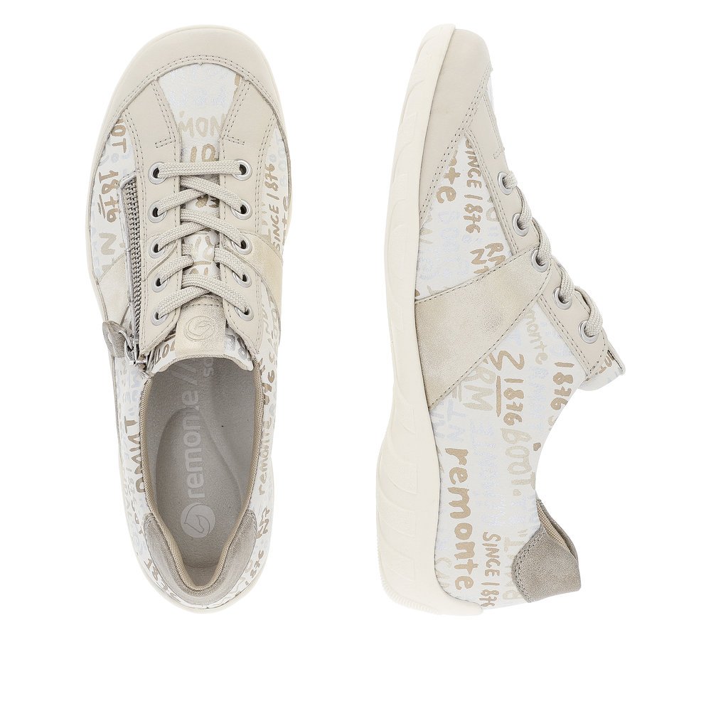 Beige remonte women´s lace-up shoes R3403-61 with a zipper and text pattern. Shoe from the top, lying.