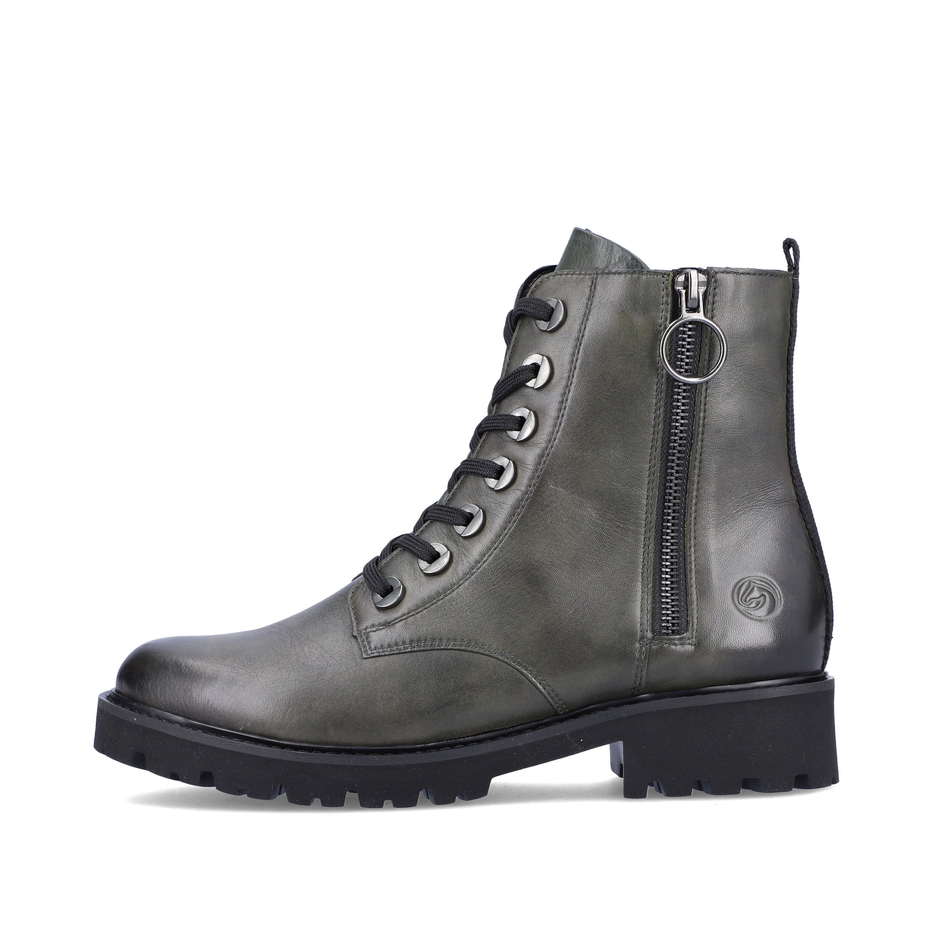 Green-grey remonte women´s biker boots D8671-52 with especially light sole. The outside of the shoe