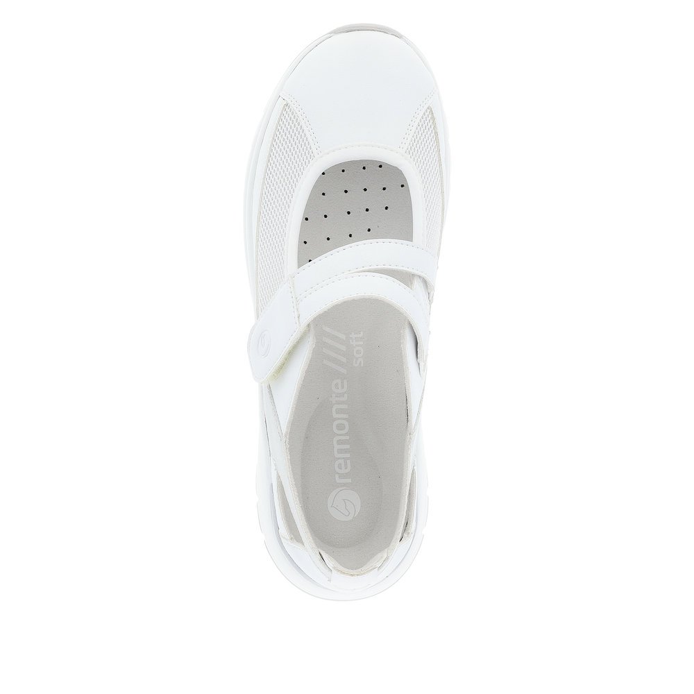 Pure white remonte women´s slippers D0G08-80 with a hook and loop fastener. Shoe from the top.