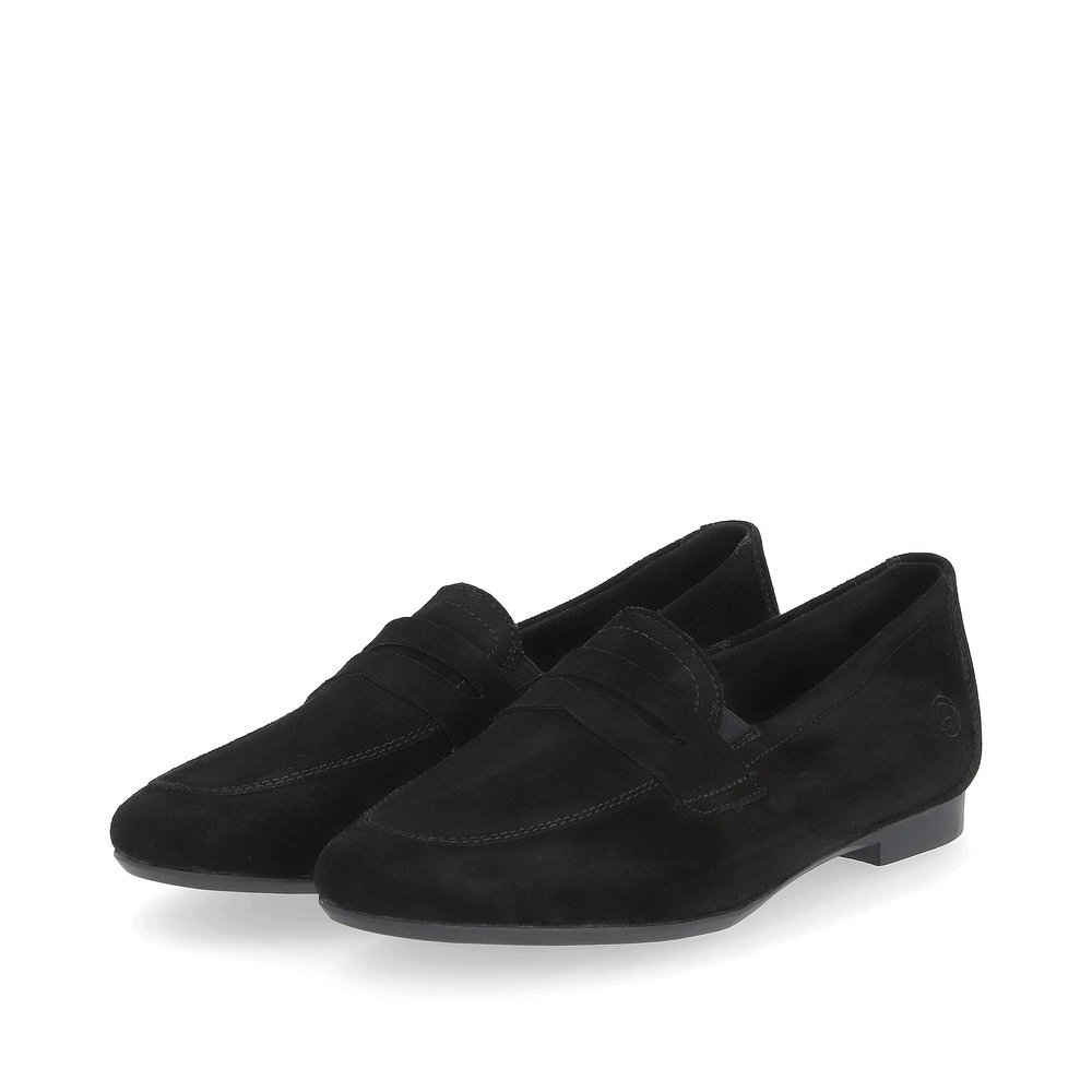 Night black remonte women´s loafers D0K02-00 with an elastic insert. Shoes laterally.
