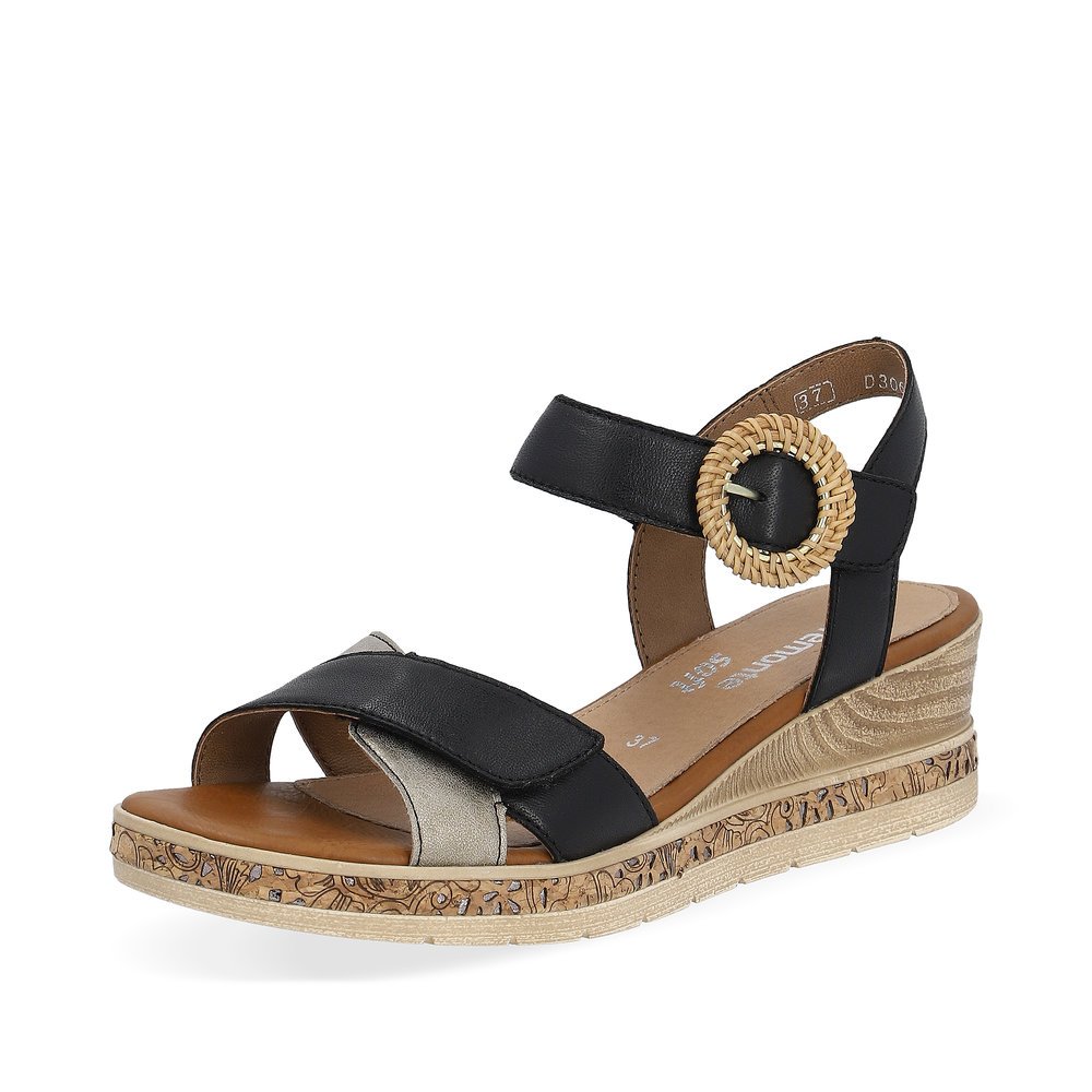 Black remonte women´s wedge sandals D3067-02 with a hook and loop fastener. Shoe laterally.
