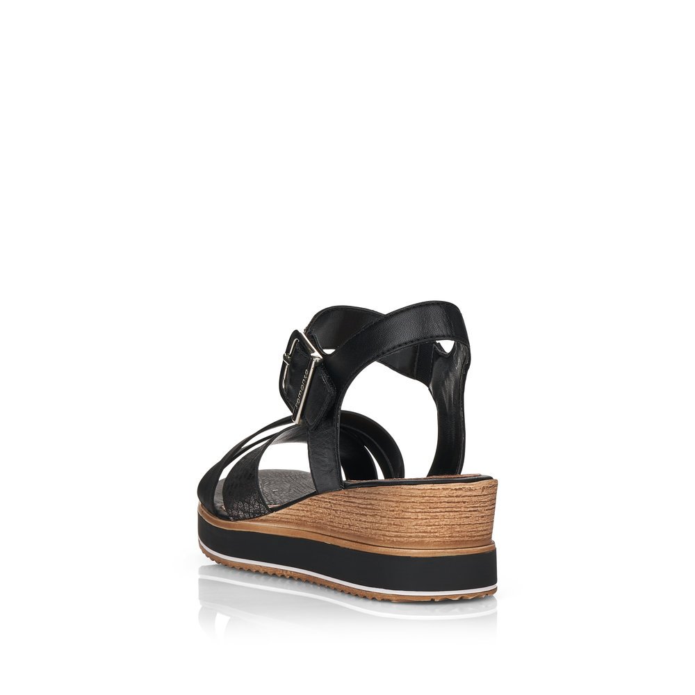 Jet black remonte women´s wedge sandals D6454-00 with a hook and loop fastener. Shoe from the back.