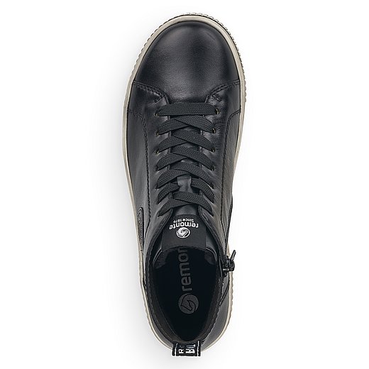 Schwarze Kurzstiefel leicht wärmend aus Glattleder mit Reißverschluss und Schnürung, wasserabweisendem Remonte TEX und Wechselfußbett. Schuh von oben. 
