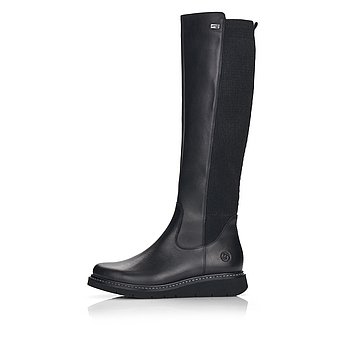 Schwarze Stiefel leicht wärmend aus Glattleder mit Reißverschluss, wasserabweisendem Remonte TEX, Stretch-Einsatz im Wadenbereich und Wechselfußbett. Schuh Außenseite.