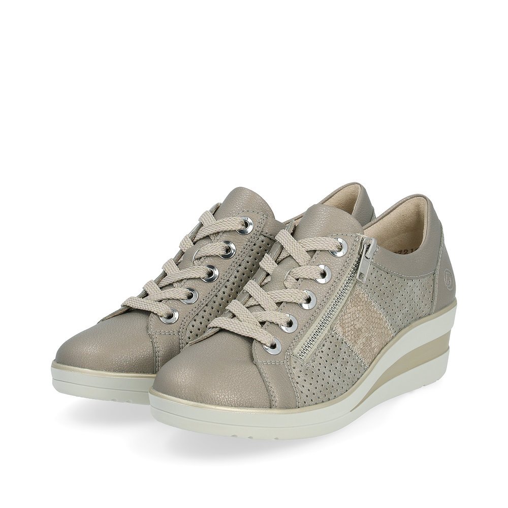 Grey beige remonte women´s sneakers R7219-90 with a zipper and perforated look. Shoes laterally.