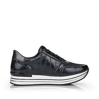 Schwarze Halbschuhe aus Kunstlack mit Reißverschluss und Schnürung und Wechselfußbett. Schuh Innenseite.