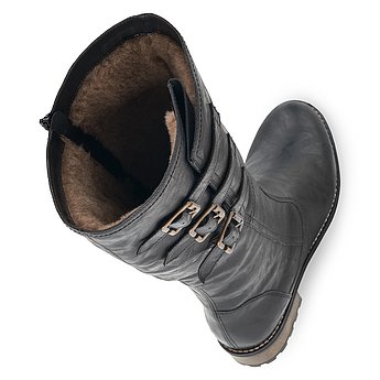 Schwarze Stiefel warm gefüttert aus Kunstleder mit Reißverschluss, Vario-Schaft und Wechselfußbett. Schuhe Innenseite.