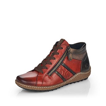 Rote Kurzstiefel leicht wärmend aus Glattleder mit Reißverschluss und Schnürung und Wechselfußbett. Schuh seitlich schräg.