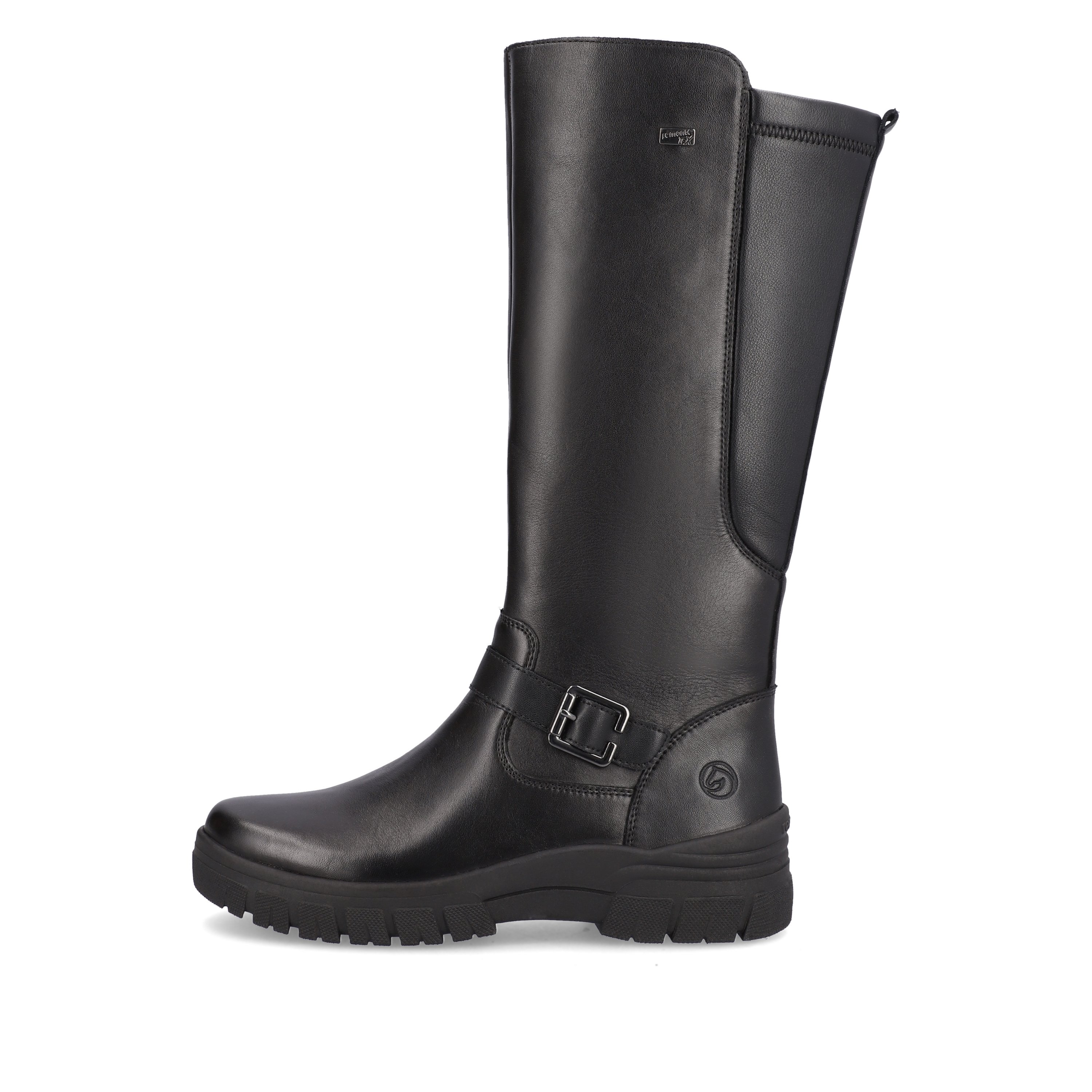 Jet black remonte women´s biker boots D0E75-01 with zipper as well as profile sole. The outside of the shoe
