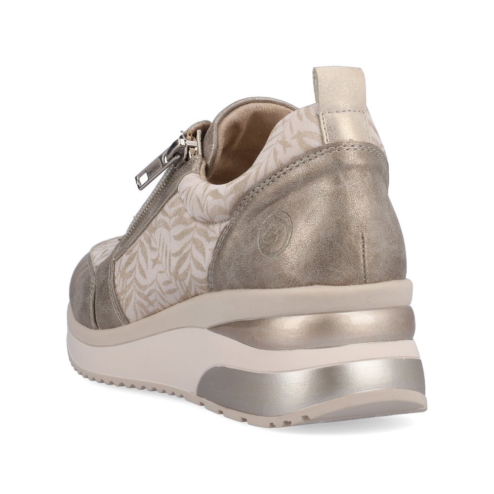 Beige remonte women´s sneakers D2401-60 with zipper and tropical pattern. Shoe from the back.