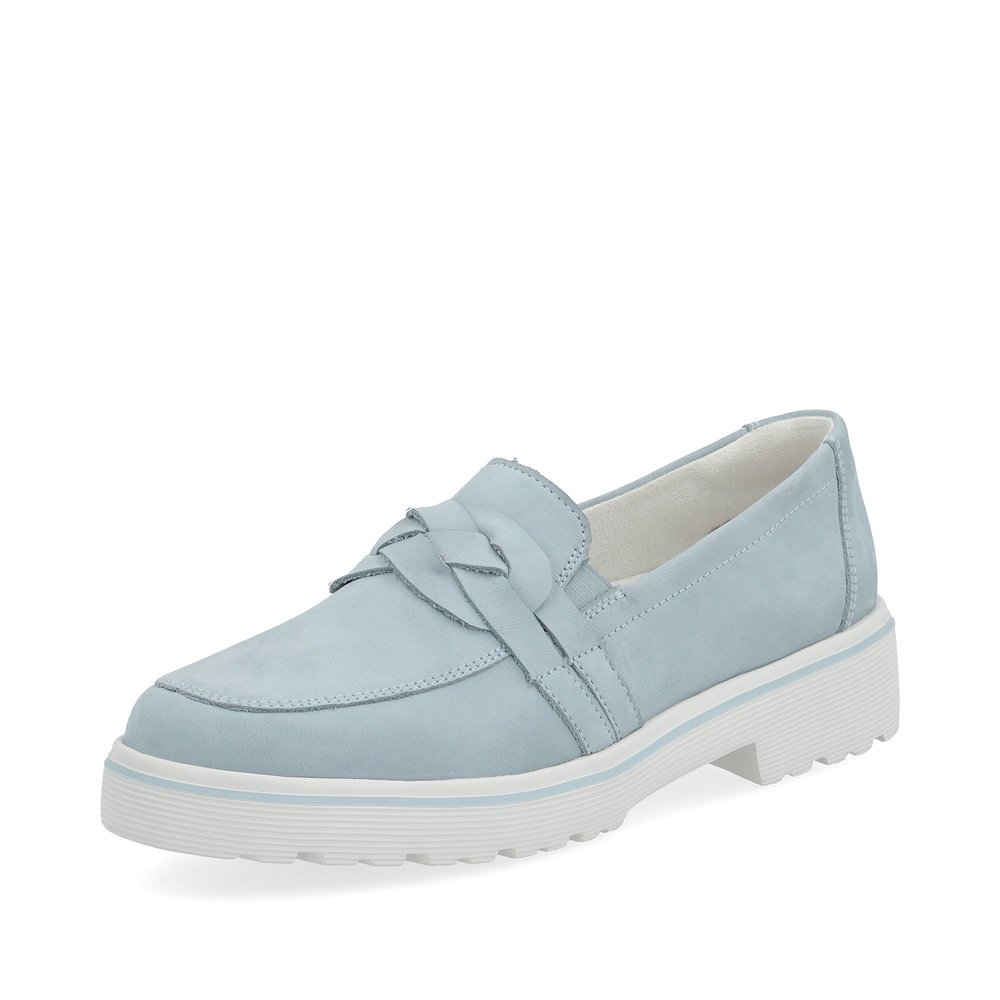Blaue remonte Damen Loafer D1H01-12 mit Elastikeinsatz sowie geflochtenem Riemen. Schuh seitlich schräg.