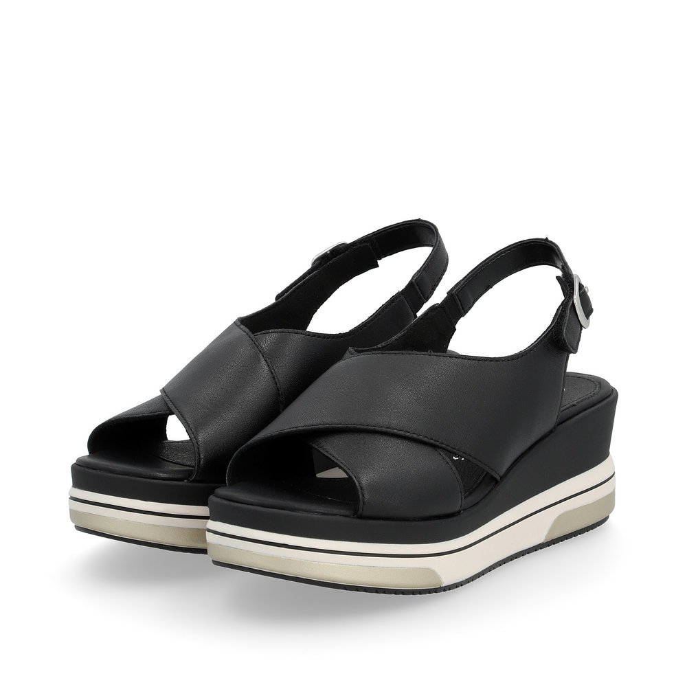 Night black remonte women´s wedge sandals D1P53-00 with a hook and loop fastener. Shoes laterally.