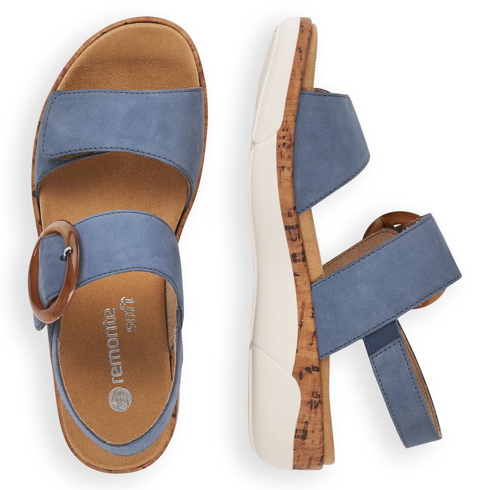 Ocean blue remonte women´s strap sandals R6853-14 with hook and loop fastener. Shoe from the top, lying.