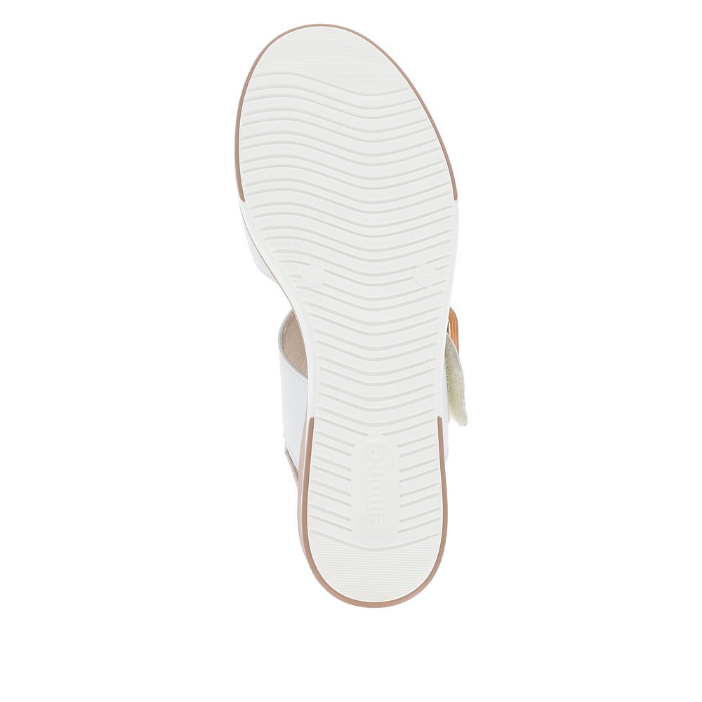 Pure white remonte women´s wedge sandals D1P50-80 with a hook and loop fastener. Outsole of the shoe.
