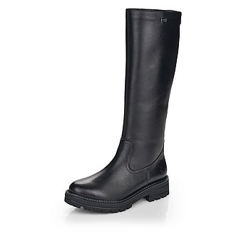 Schwarze Stiefel warm gefüttert aus Glattleder mit Reißverschluss, wasserabweisendem Remonte TEX und Wechselfußbett. Schuh seitlich schräg.