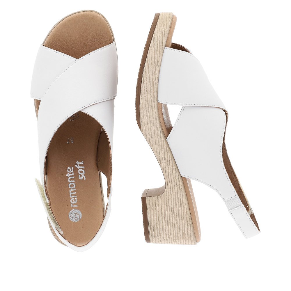 White remonte women´s strap sandals D0N54-80 with a hook and loop fastener. Shoe from the top, lying.