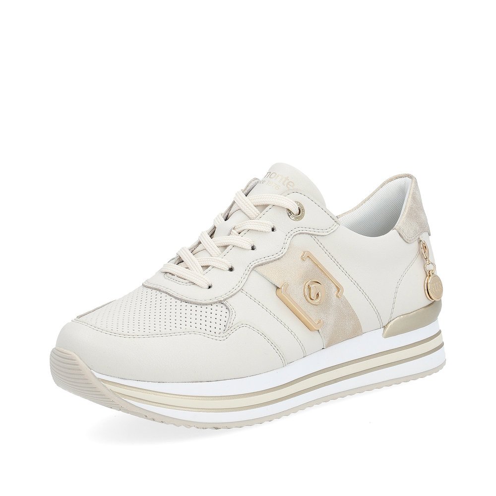 Off-white remonte women´s sneakers D1322-60 with lacing and metal element. Shoe laterally.