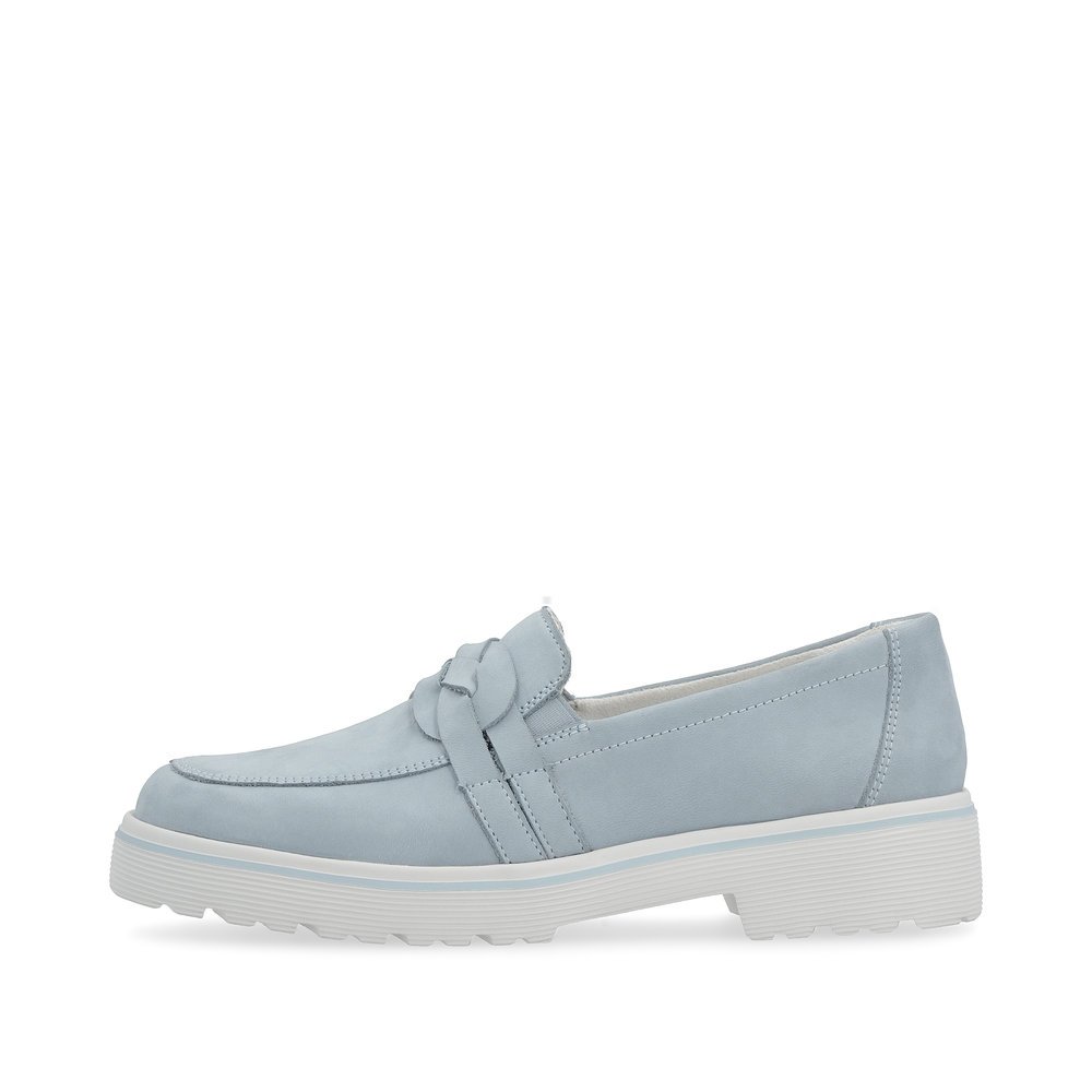 Blue remonte women´s loafers D1H01-12 with elastic insert and braided strap. Outside of the shoe.
