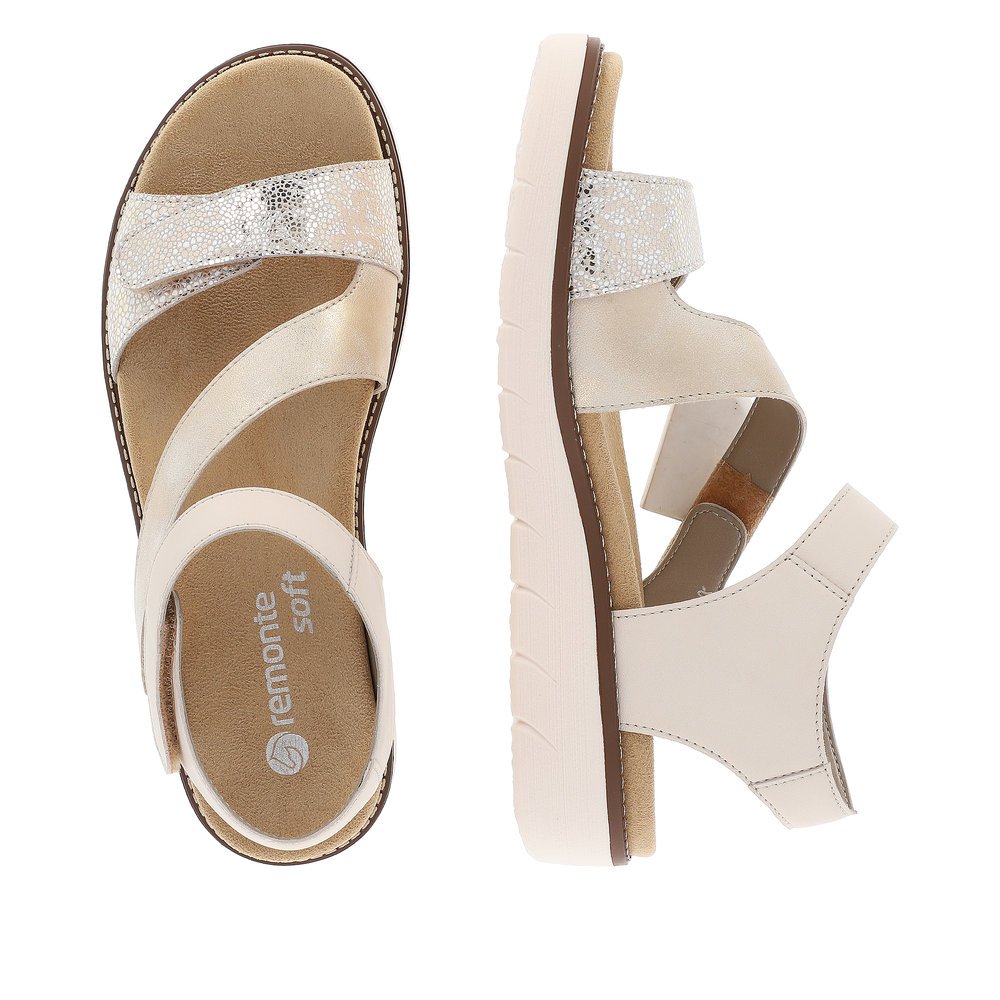 Cream beige remonte women´s strap sandals D2050-61 with a hook and loop fastener. Shoe from the top, lying.
