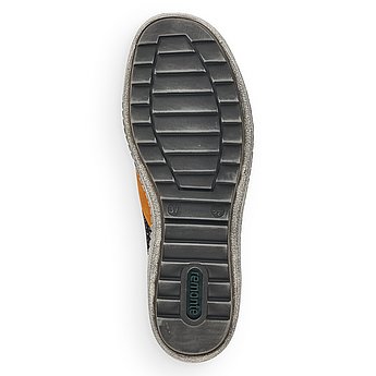 Schwarze Halbschuhe aus Veloursleder und Lederimitat mit Reißverschluss und Schnürung, wasserabweisendem Remonte TEX und Wechselfußbett. Schuh Laufsohle. 