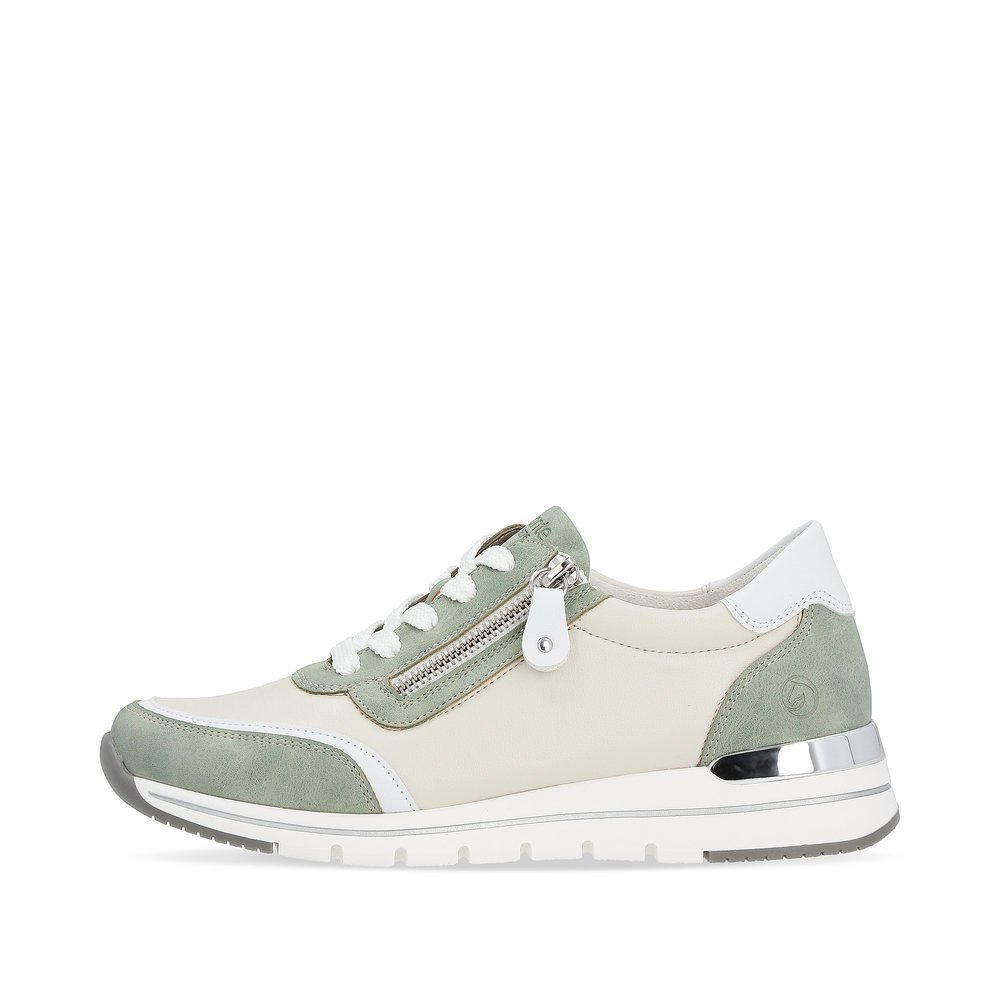 Beige vegan remonte women´s sneakers R6709-81 with a zipper and comfort width G. Outside of the shoe.