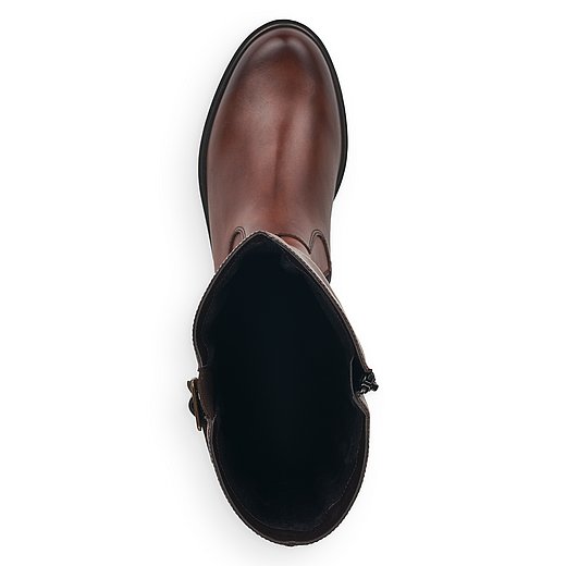 Braune Stiefel leicht wärmend aus Glattleder mit Reißverschluss, Stretch-Einsatz und Wechselfußbett. Schuh von oben. 