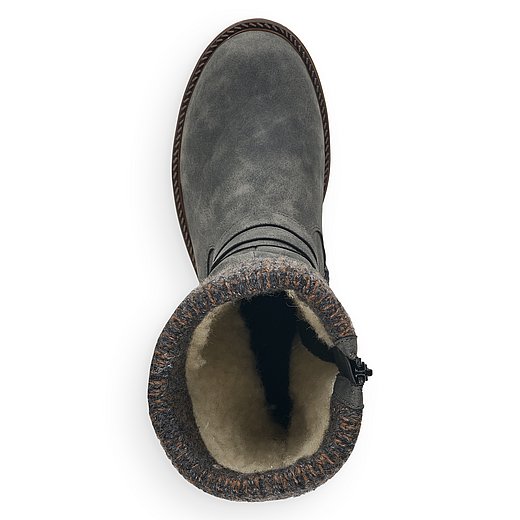 Graue Stiefeletten warm gefüttert aus Lederimitat mit Reißverschluss, wasserabweisendem Remonte TEX und Wechselfußbett. Schuh von oben. 