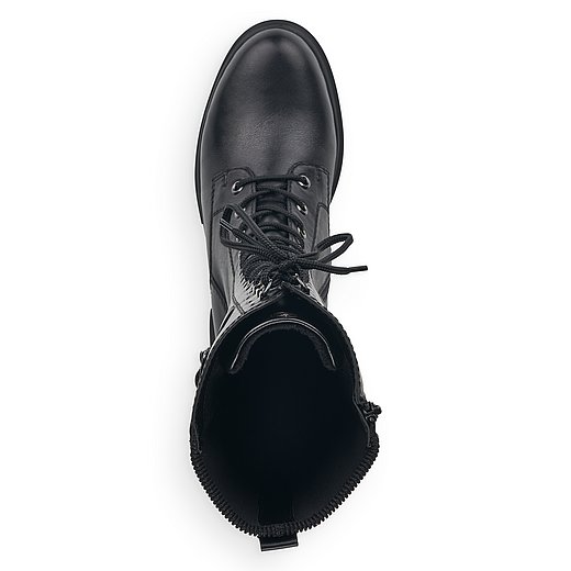 Schwarze Stiefel warm gefüttert aus Glattleder mit Reißverschluss und Schnürung, Stretch-Einsatz im Wadenbereich und Wechselfußbett. Schuh von oben. 
