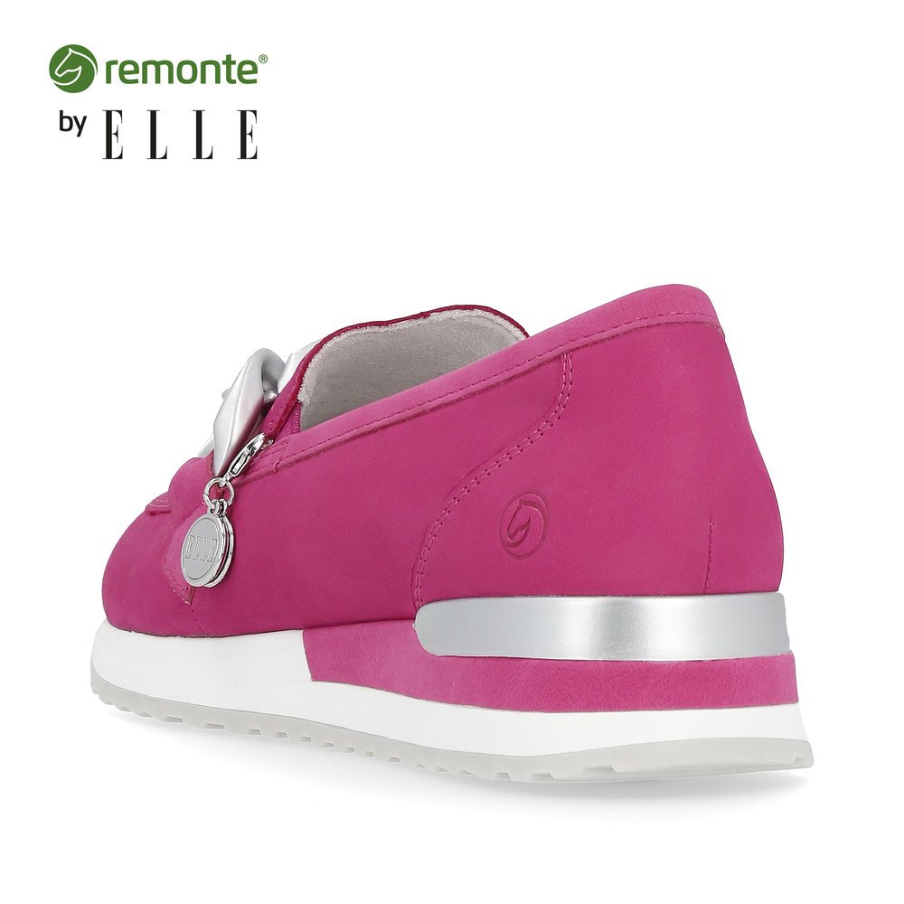 Pink remonte women´s loafers R2544-32 with silver chain. Shoe from the back.