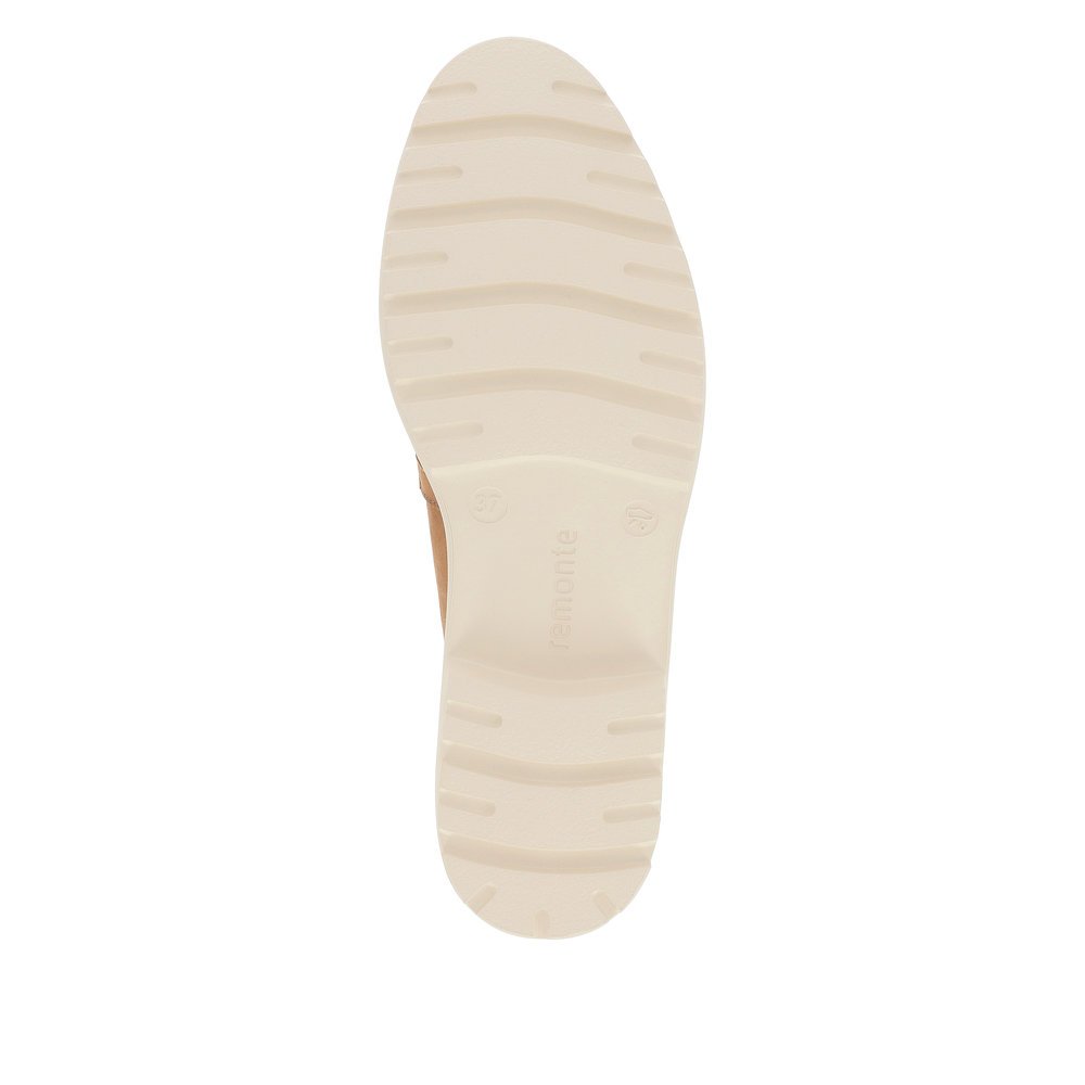 Beige remonte women´s loafers D1H01-60 with an elastic insert and braided strap. Outsole of the shoe.