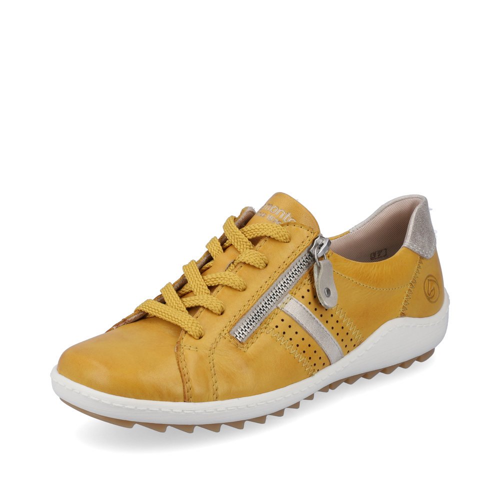 Yellow remonte women´s lace-up shoes R1432-68 with a zipper and holes on the side. Shoe laterally.